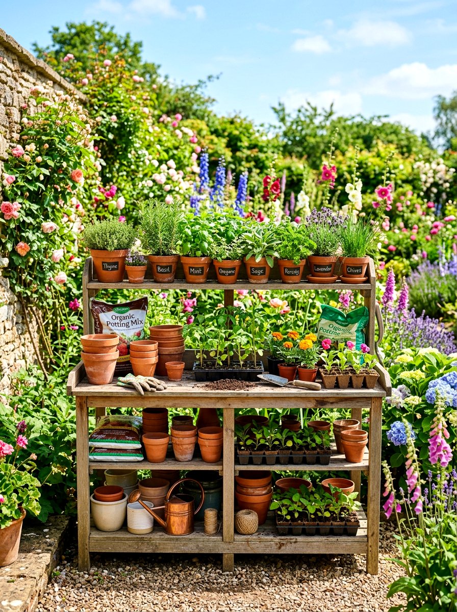 Potting Bench With Upper Shelf - 30 outdoor potting station ideas