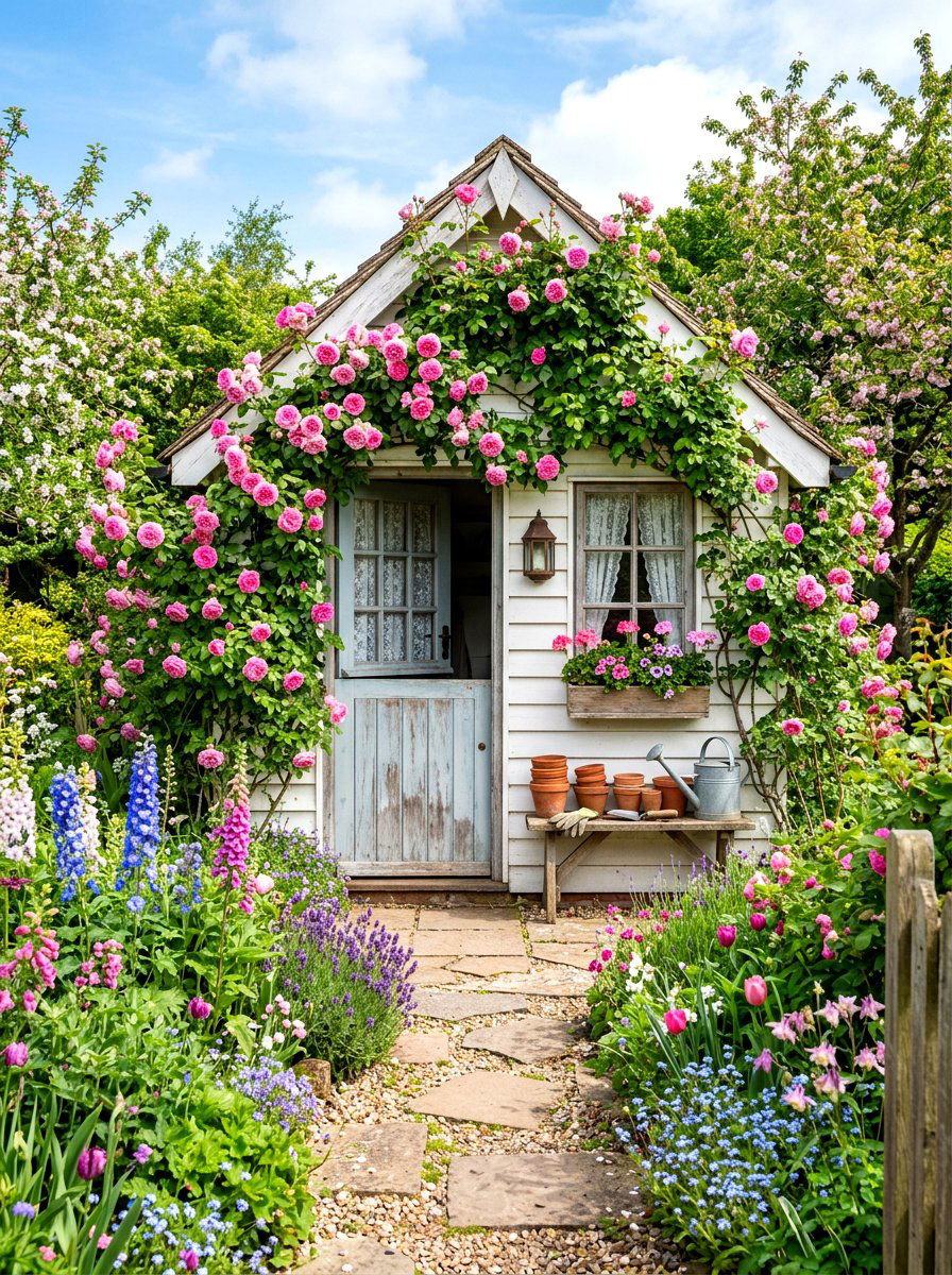 Potting Shed With Climbing Roses - 30 potting shed ideas