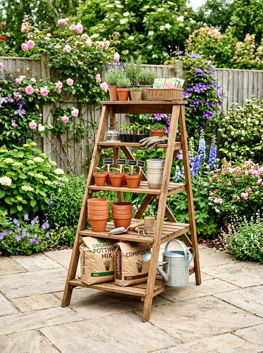 Potting Station Ladder - 30 repurposed ladder garden ideas