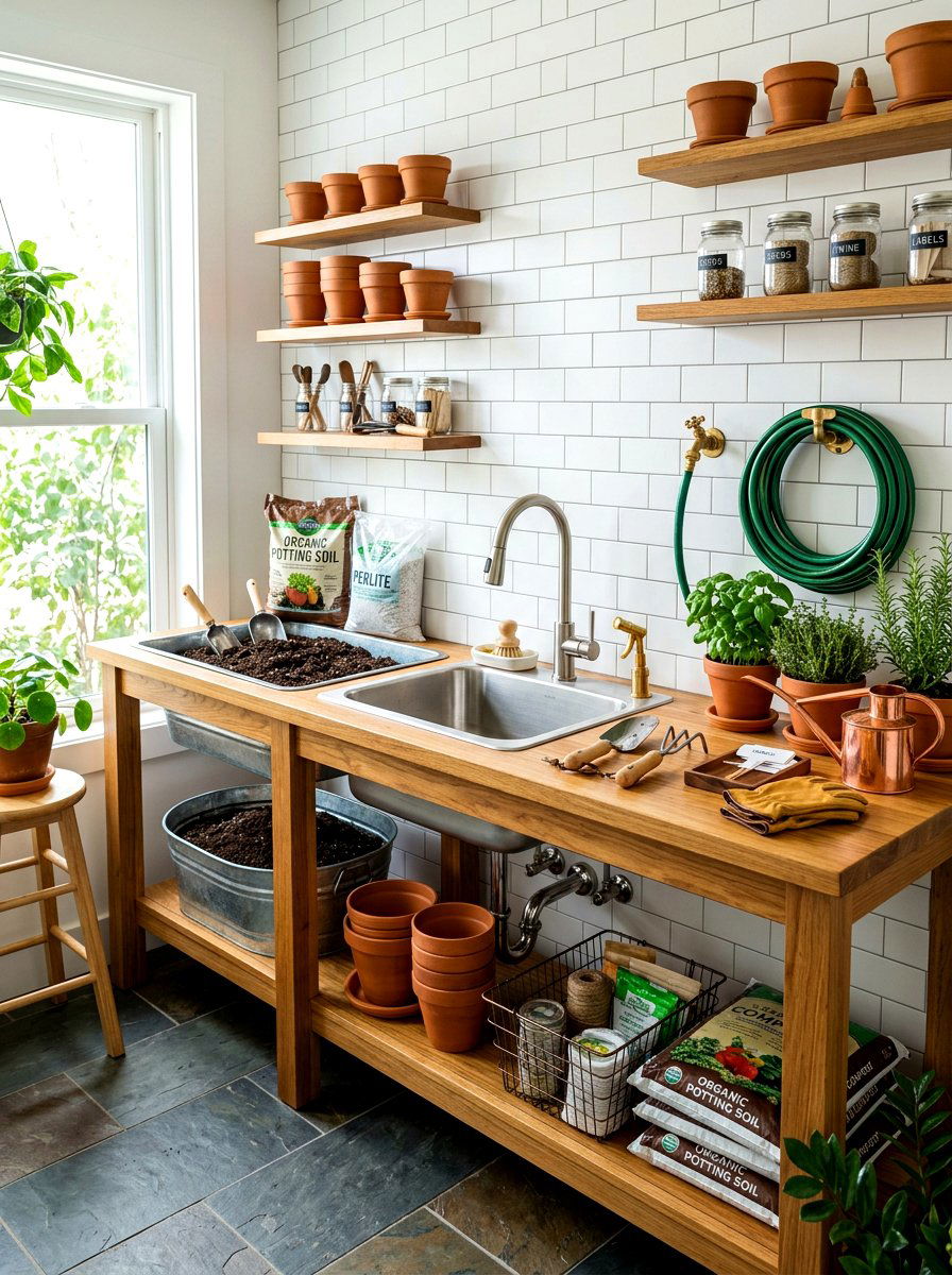 Potting Table With Sink - 30 greenhouse storage bench ideas