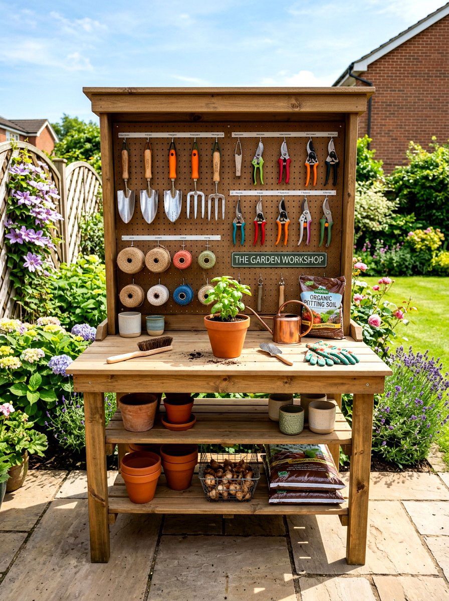 Potting Table With Tool Hooks - 30 outdoor potting station ideas