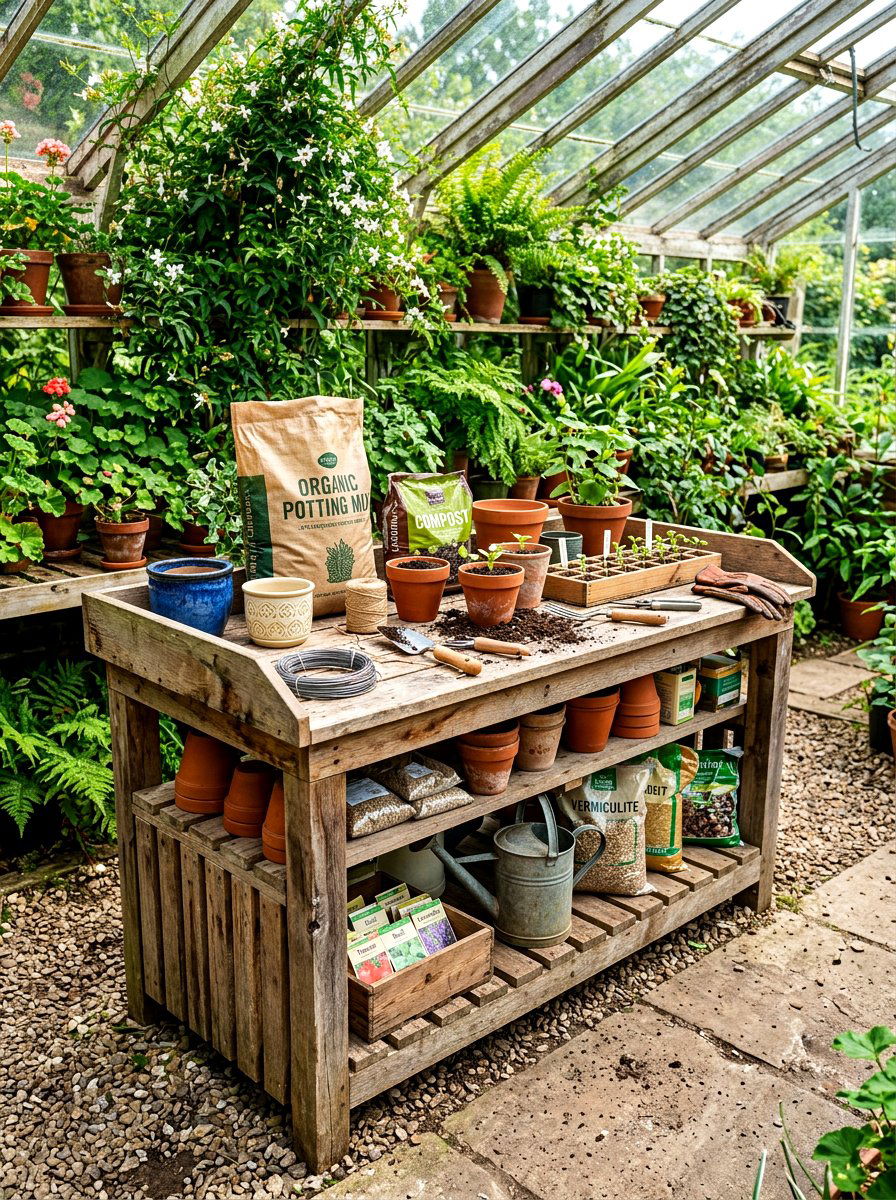 Potting bench - 30 greenhouse storage ideas