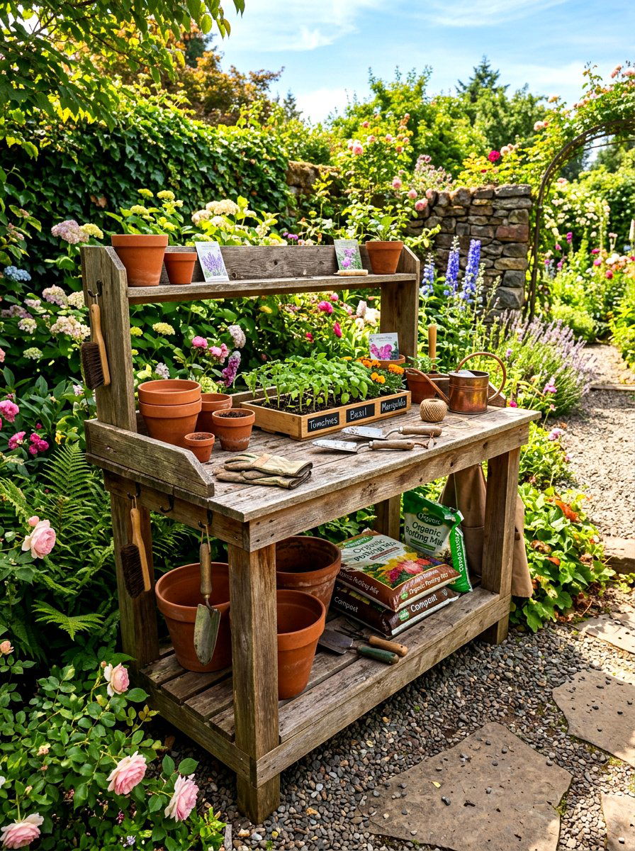 Potting bench for outdoor plants - 30 cottagecore garden ideas