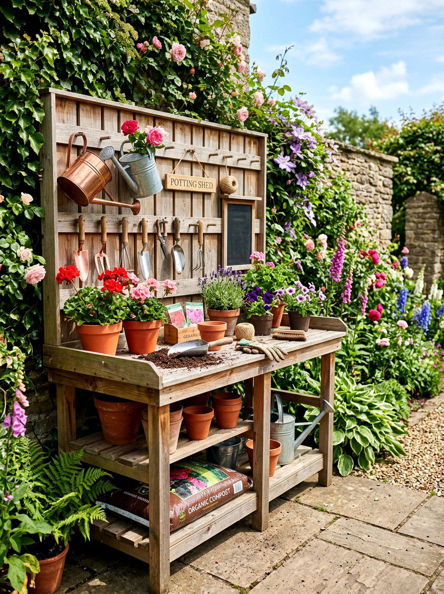 Potting bench tool wall - 30 garden tool wall ideas