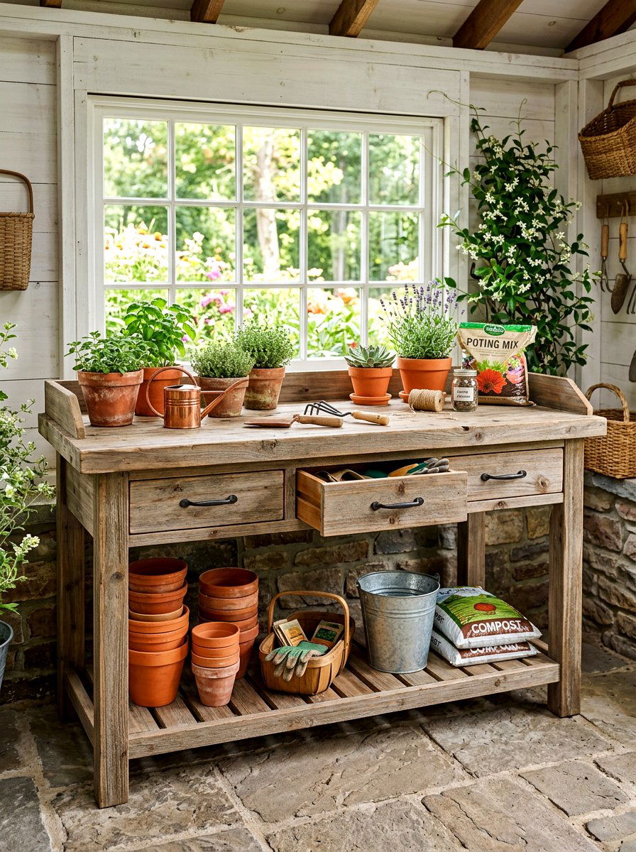 Potting bench with drawers - 30 potting shed storage ideas