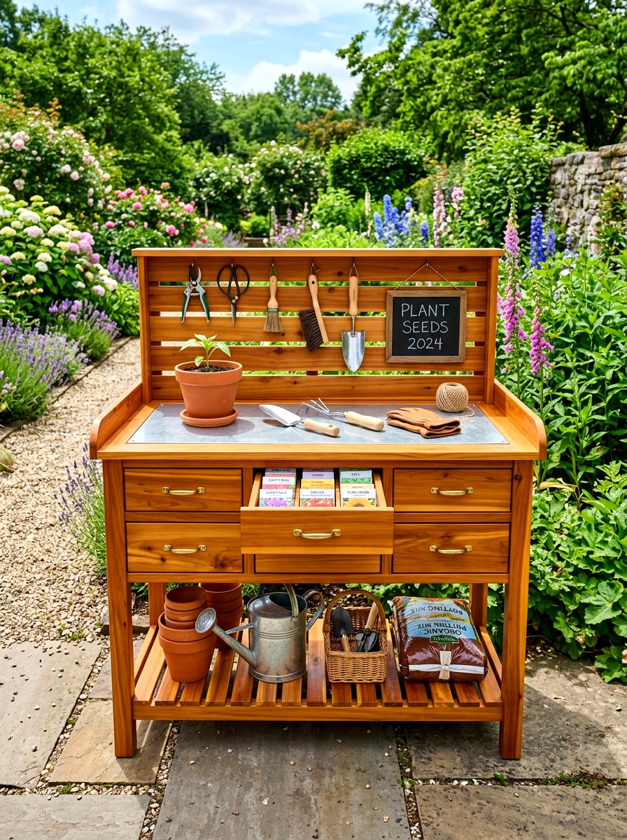 Potting bench with drawers - 30 potting table greenhouse ideas