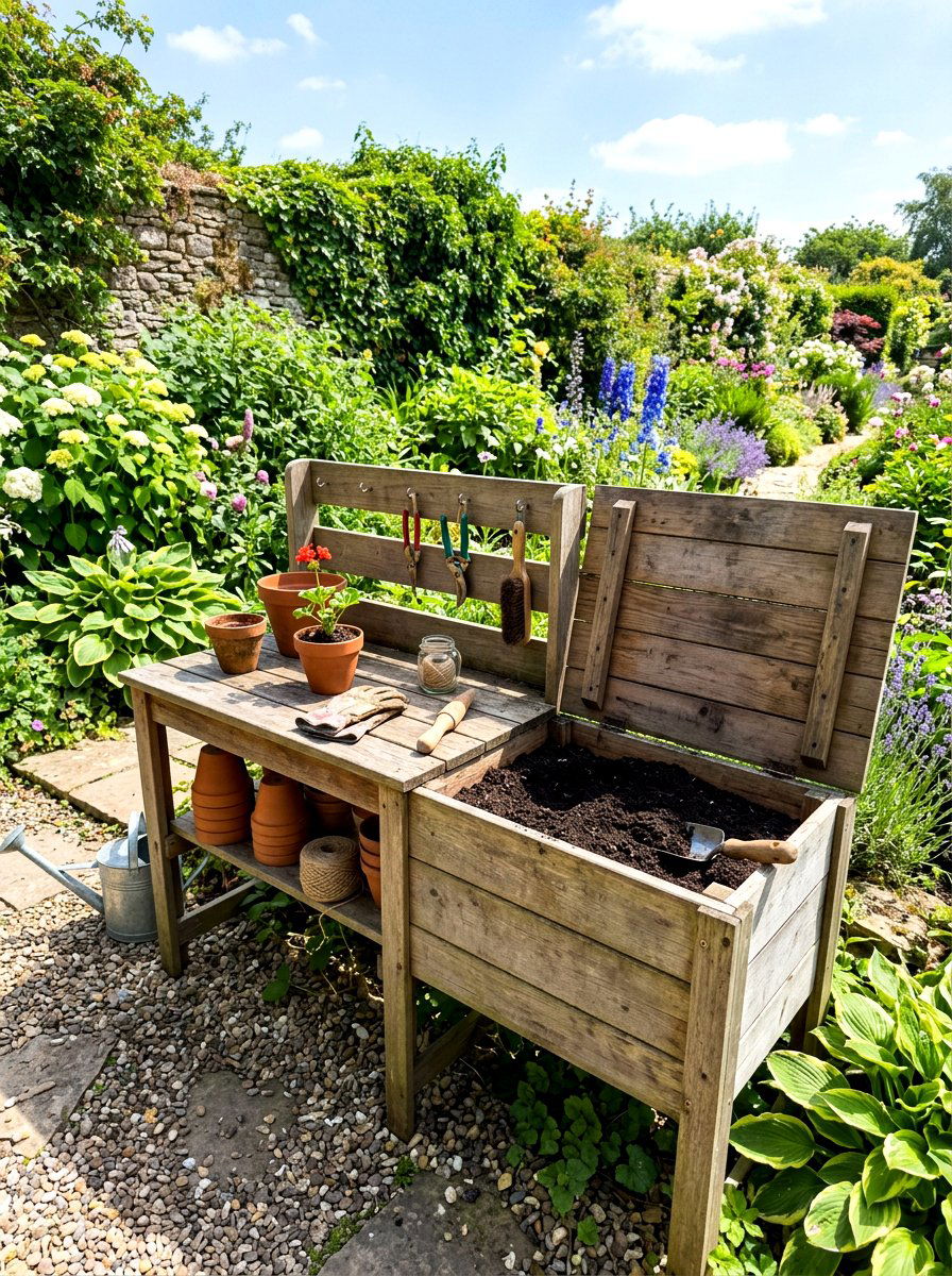Potting bench with soil bin - 30 potting table greenhouse ideas