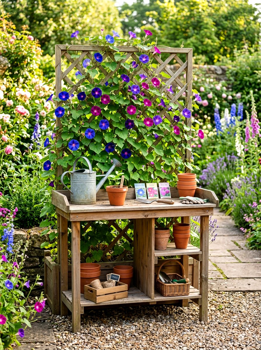 Potting bench with trellis - 30 potting table greenhouse ideas