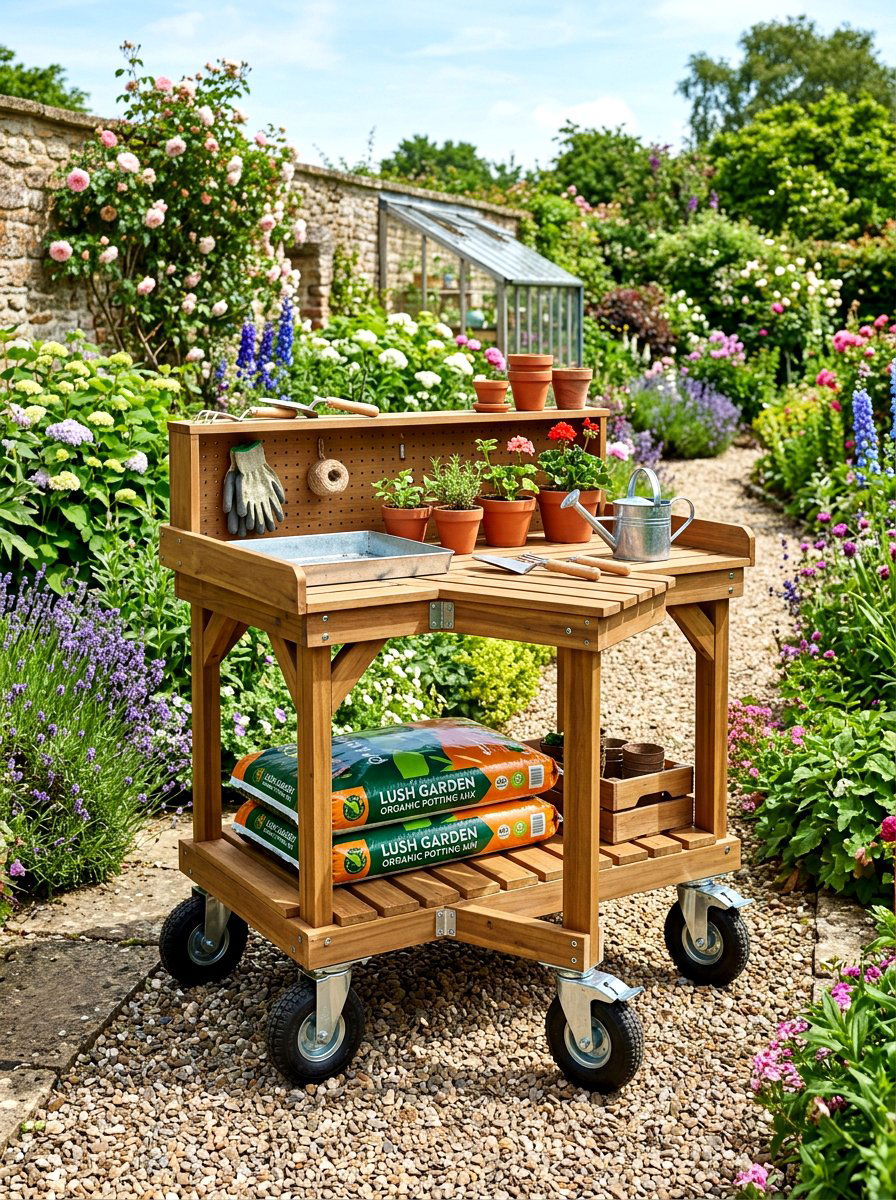 Potting bench with wheels - 30 potting table greenhouse ideas