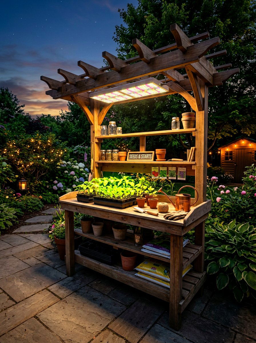Potting station with light - 30 potting table greenhouse ideas