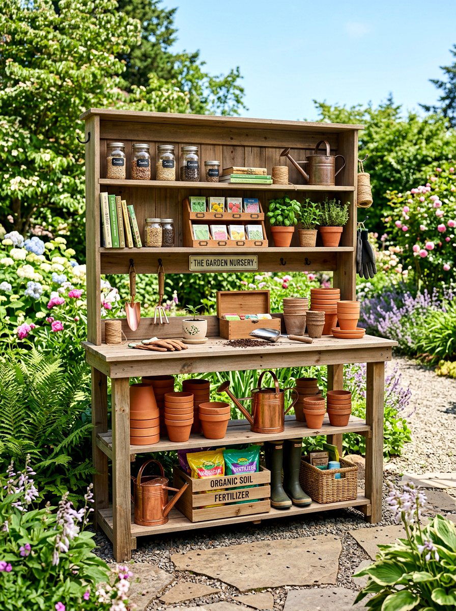 Potting station with shelves - 30 potting table greenhouse ideas