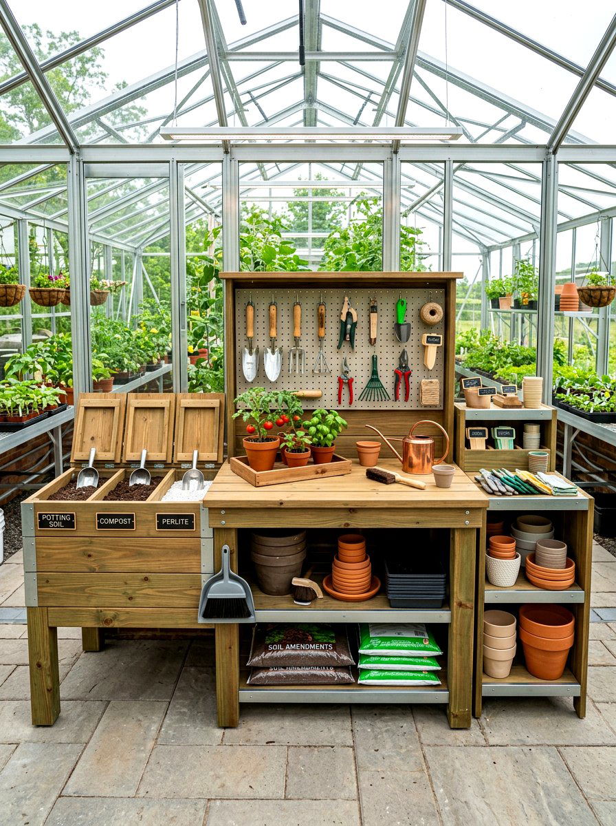 Potting station - 30 greenhouse storage ideas