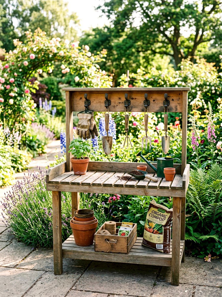Potting table with hooks - 30 potting table greenhouse ideas