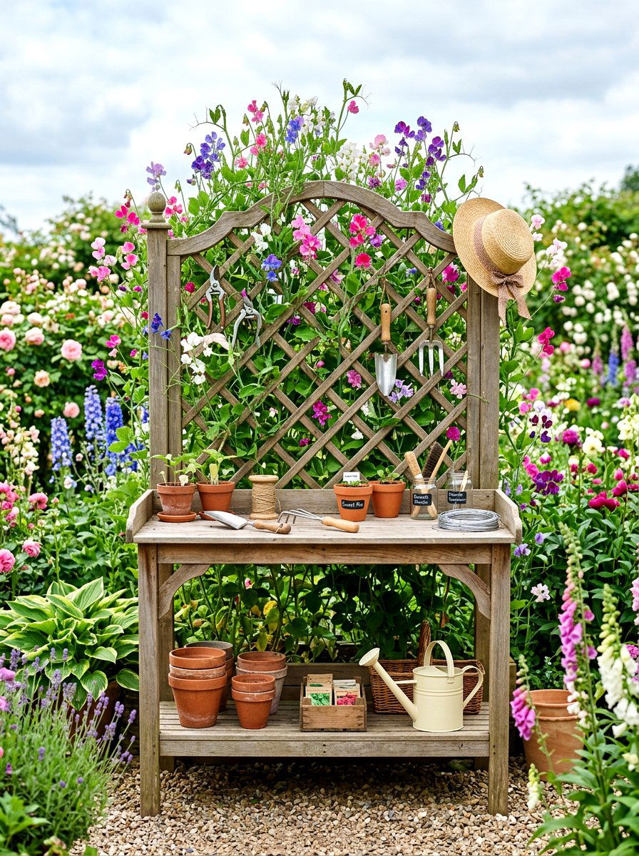 Potting table with lattice - 30 potting table greenhouse ideas