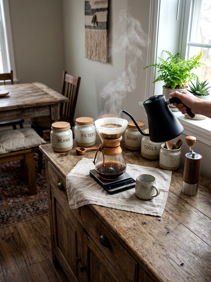 Pour over coffee station - 30 friction maxxing home ideas
