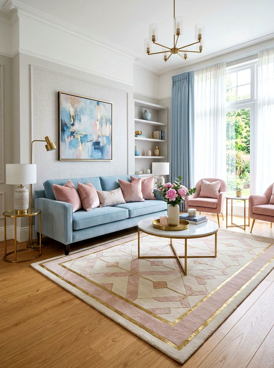 Powder blue and pink living room - 30 soft blue living room ideas