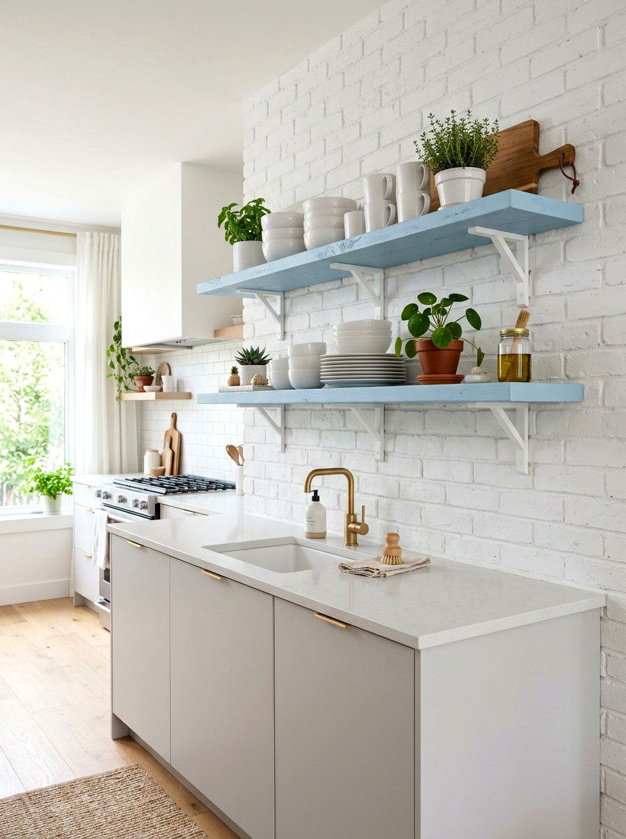 Powder blue kitchen shelving - 30 blue kitchen ideas
