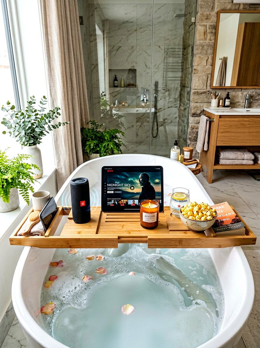 Practical Bath Caddy With Tablet Stand - 30 bath tray styling ideas