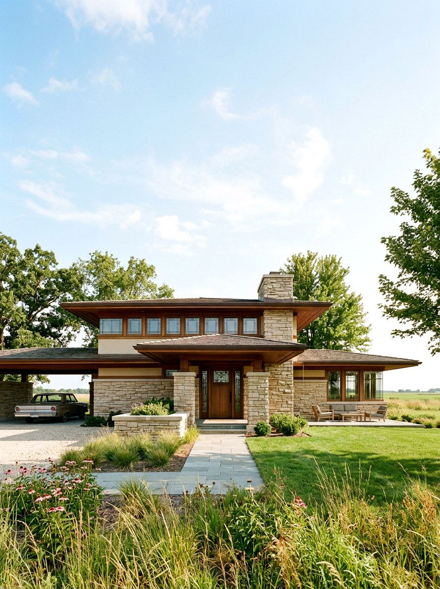 Prairie Style Wood And Horizontal Stone - 30 stone and wood exterior ideas