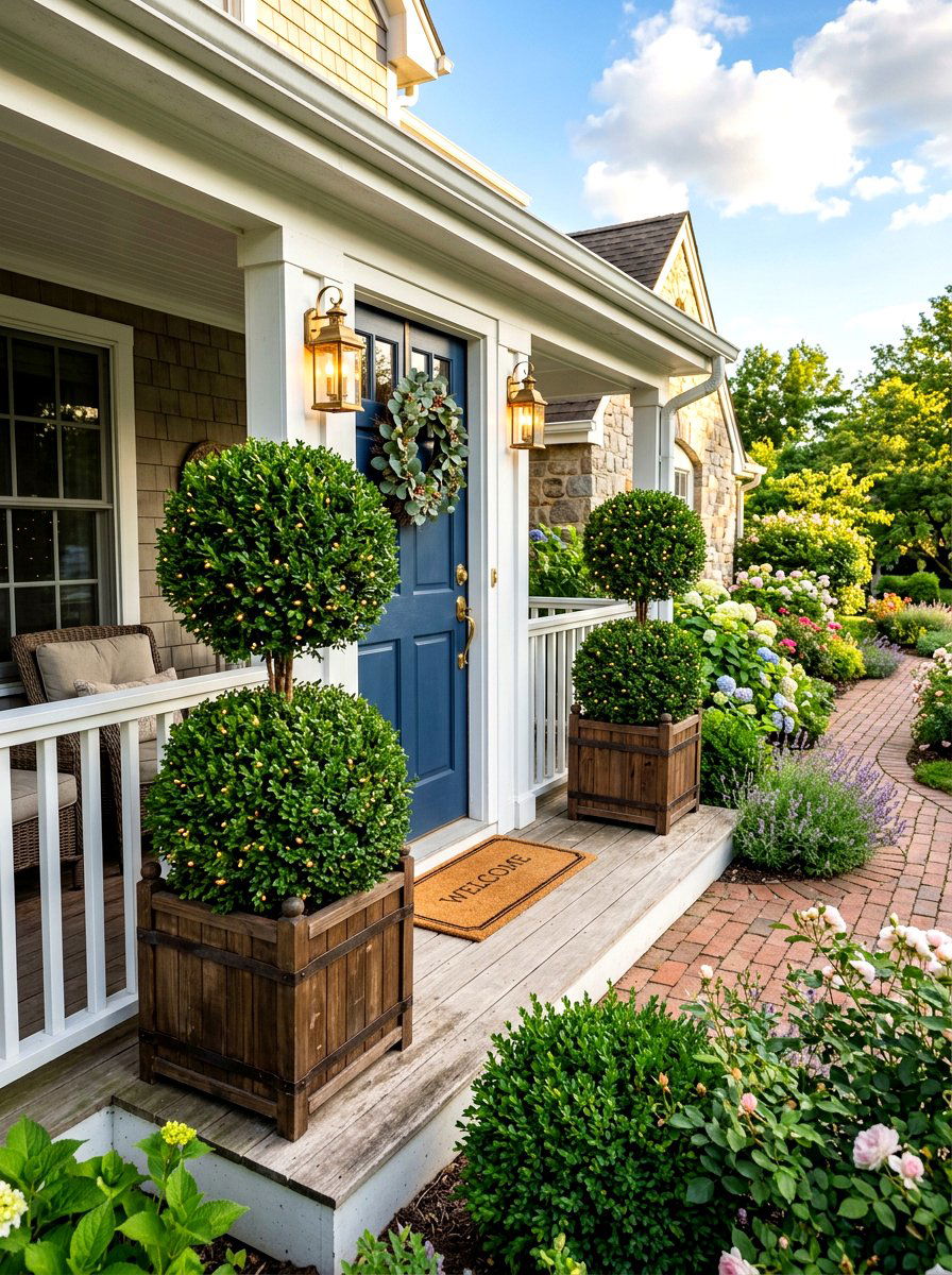 Pre lit boxwood shrubs - 30 front porch winter glow ideas
