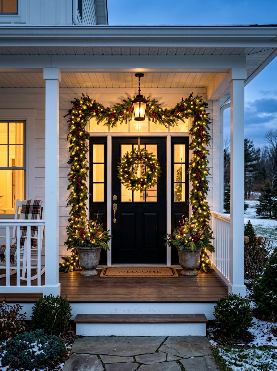 Pre lit evergreen garland - 30 front porch winter glow ideas