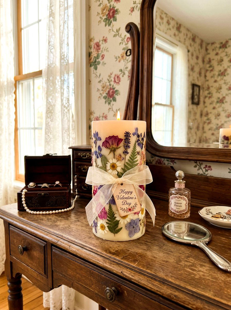 Pressed Flower Valentine Candle With Ribbon Bow - 30 bow and candle Valentine ideas
