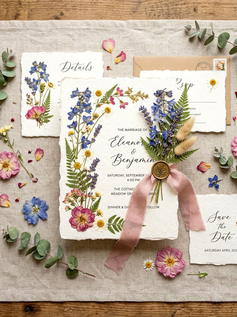 Pressed Flower Wedding Invitation - 30 cottage garden wedding ideas