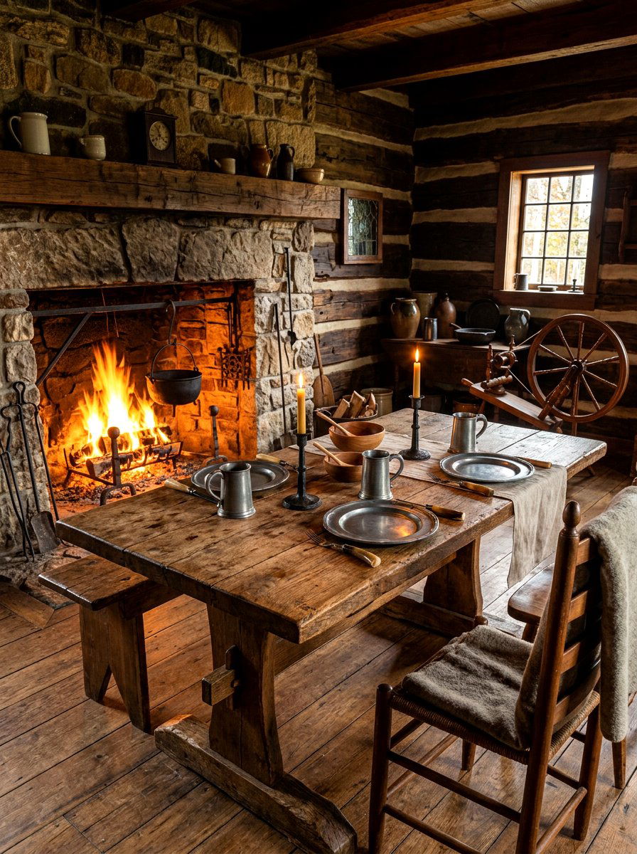 Primitive colonial hearth dining - 30 vintage tablescape ideas
