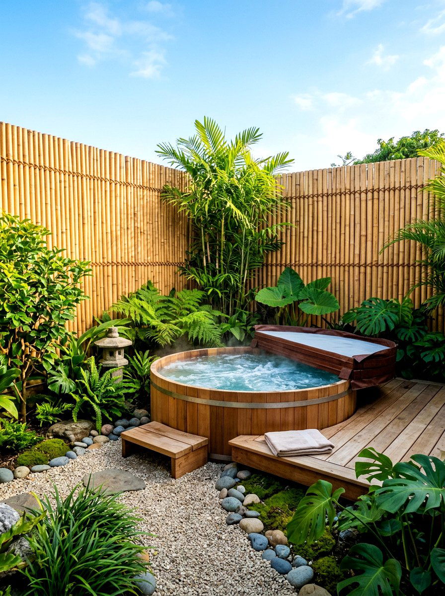 Privacy Bamboo Fence - 30 hot tub patio decor ideas aesthetic