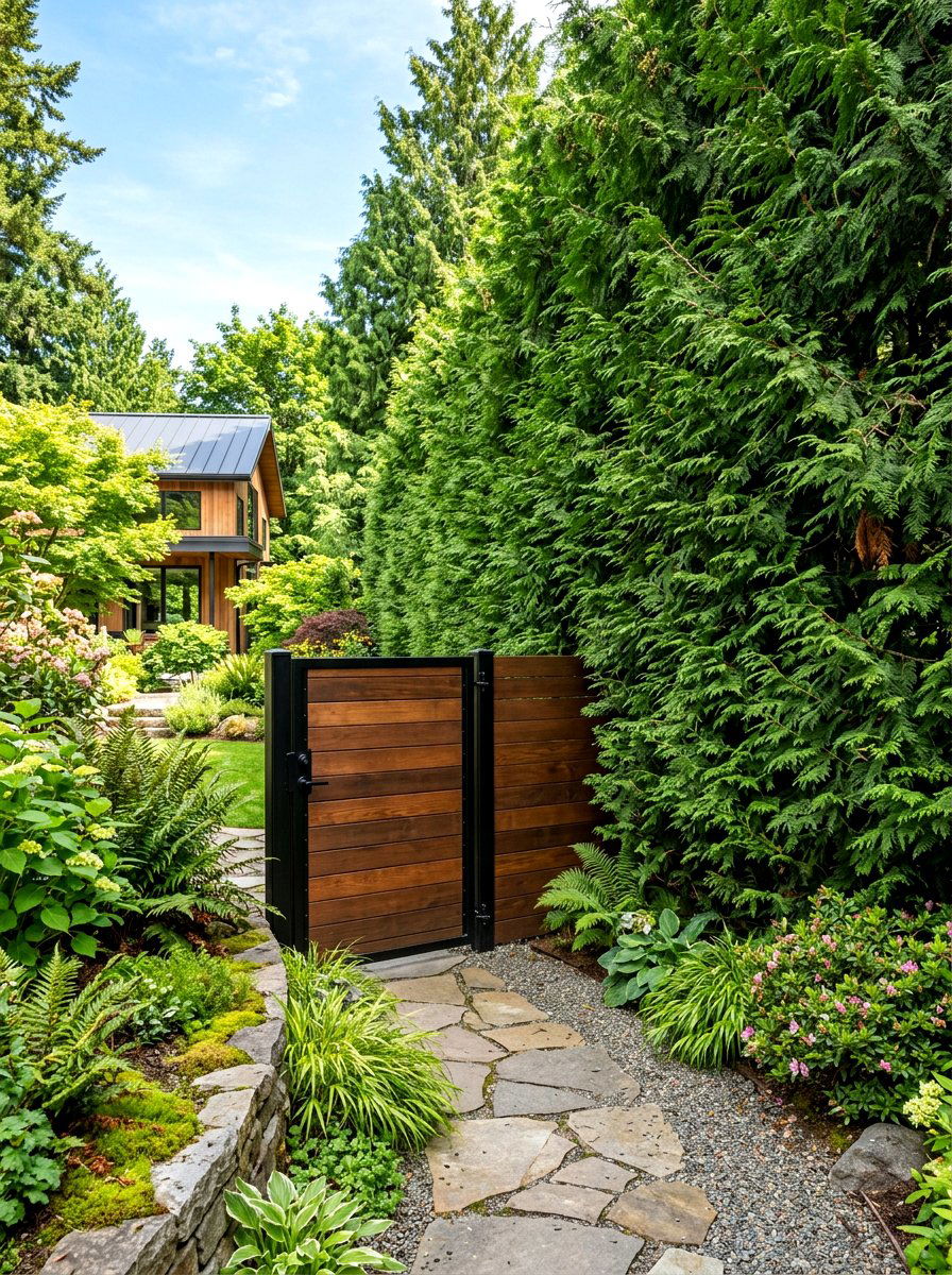 Privacy Gate With Tall Cedar Trees - 30 driveway gate landscaping ideas
