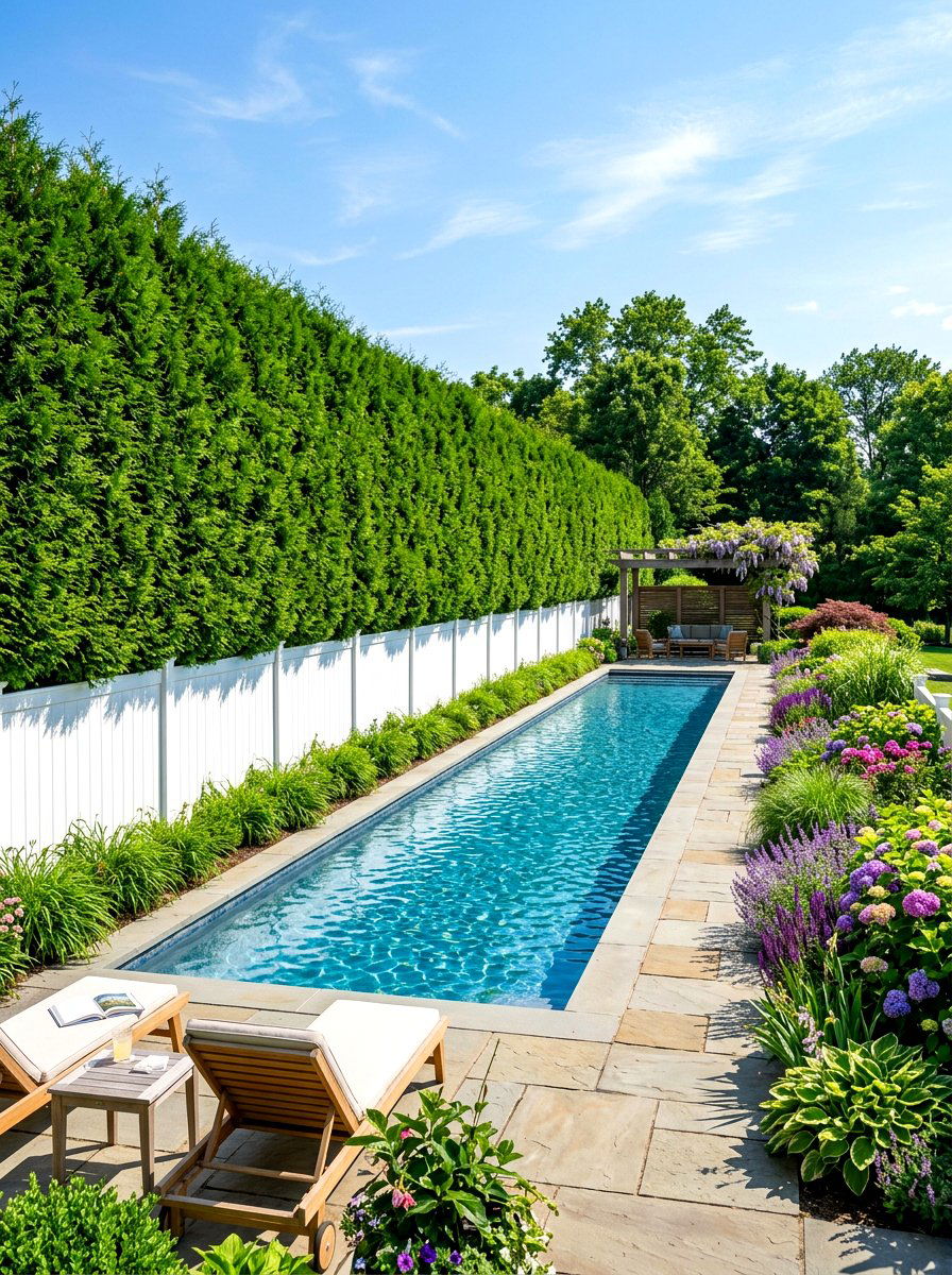 Privacy Hedge border - 30 lap pool backyard decor ideas