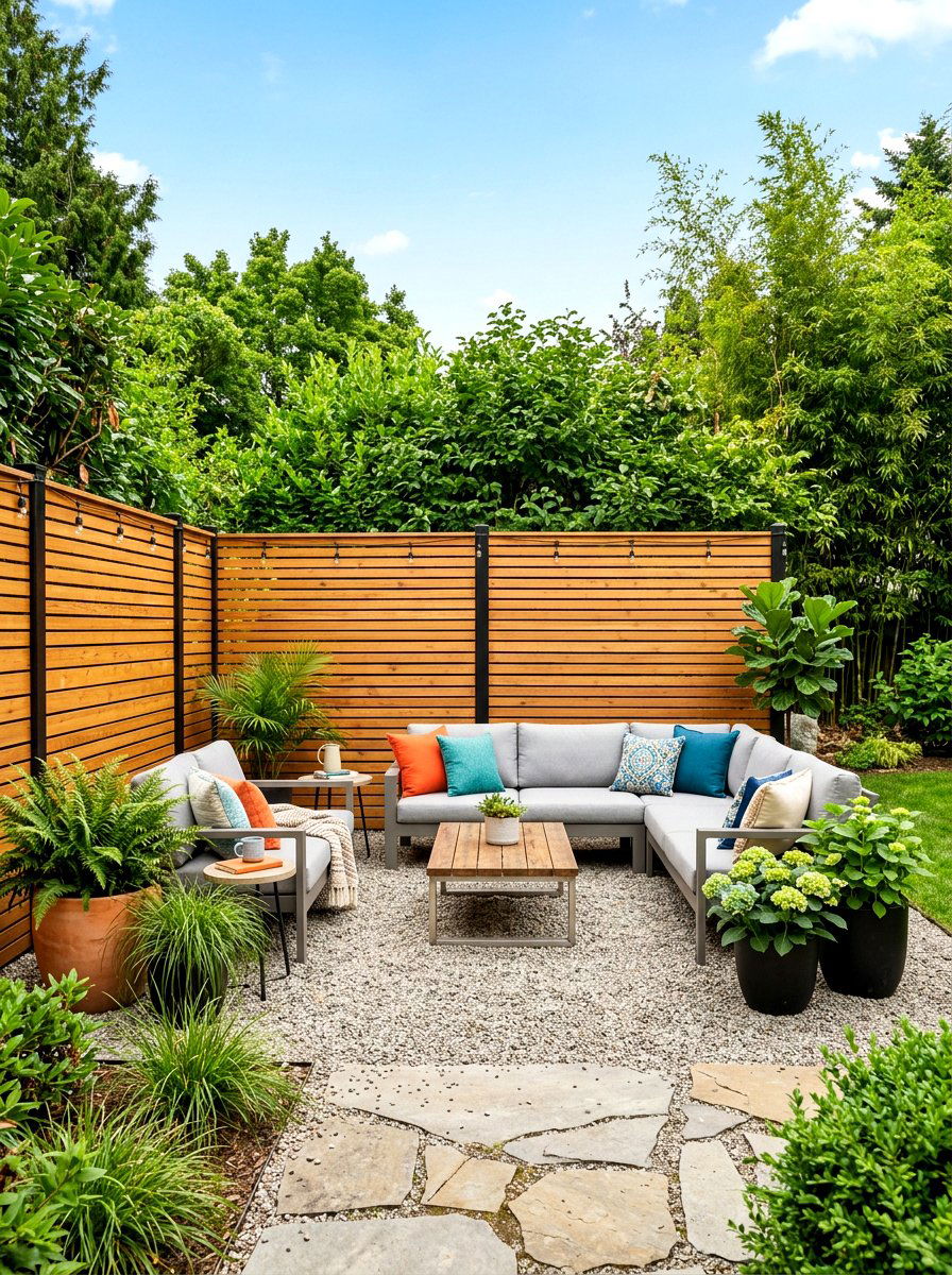 Privacy Screen Backdrop - 30 pea gravel patio ideas