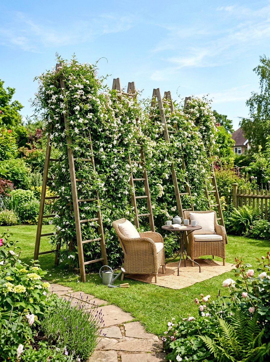 Privacy Screen Ladder - 30 repurposed ladder garden ideas