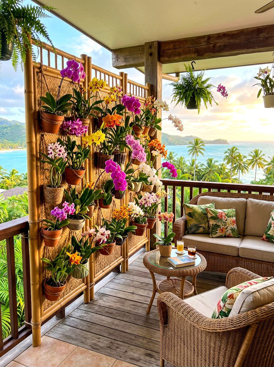 Privacy Screen With Potted Orchids - 30 balcony privacy planter ideas
