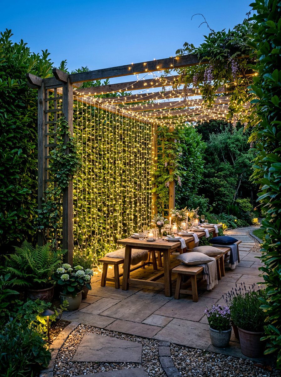 Privacy curtain string light - 30 patio curtain string light ideas