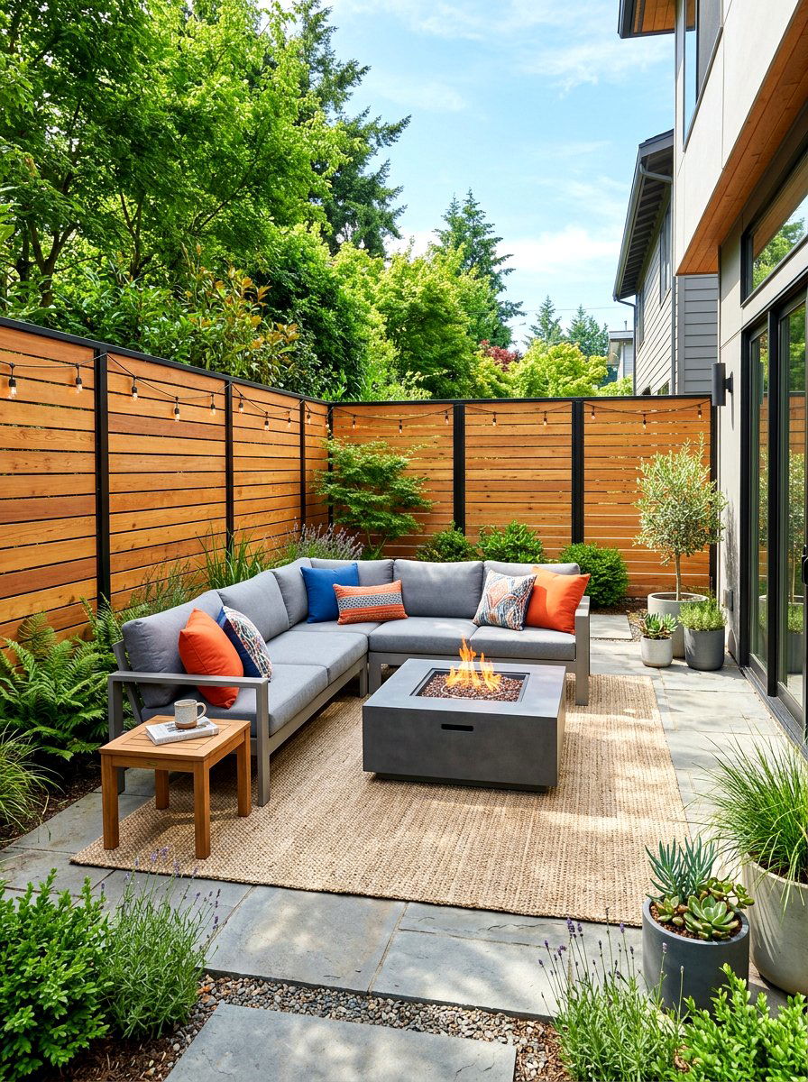 Privacy fenced fire pit - 30 backyard fireplace seating ideas