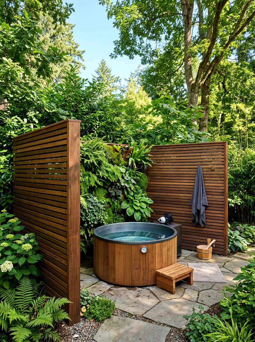 Privacy screen cold plunge - 30 cold plunge backyard ideas
