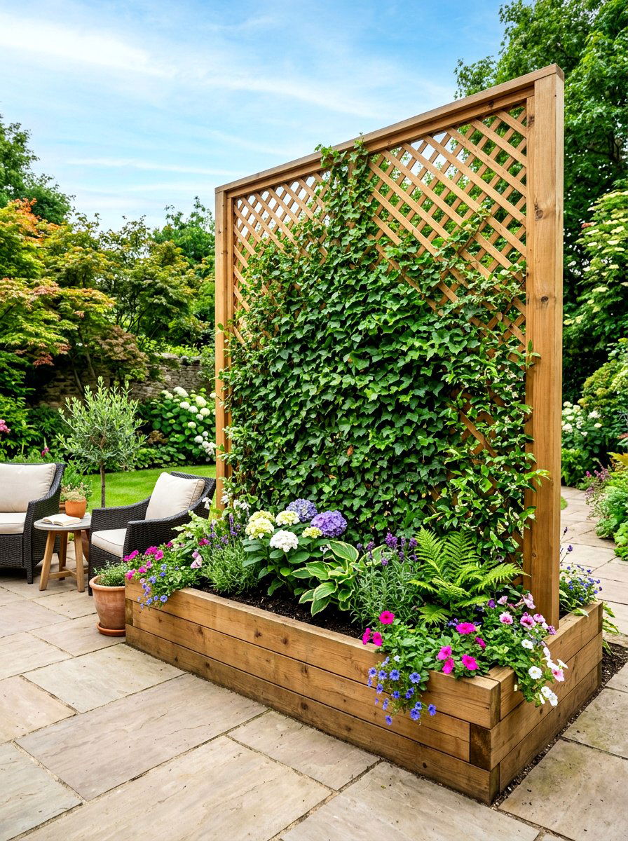 Privacy screen garden box - 30 wood raised bed ideas