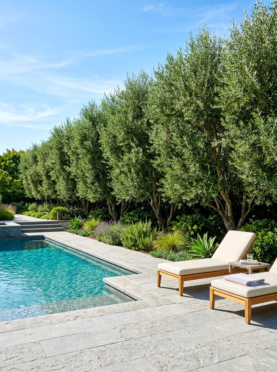 Privacy screen with tall olive trees - 30 poolside olive trees ideas