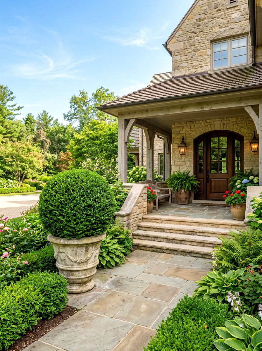 Privet Ball Entryway - 30 topiary porch ideas