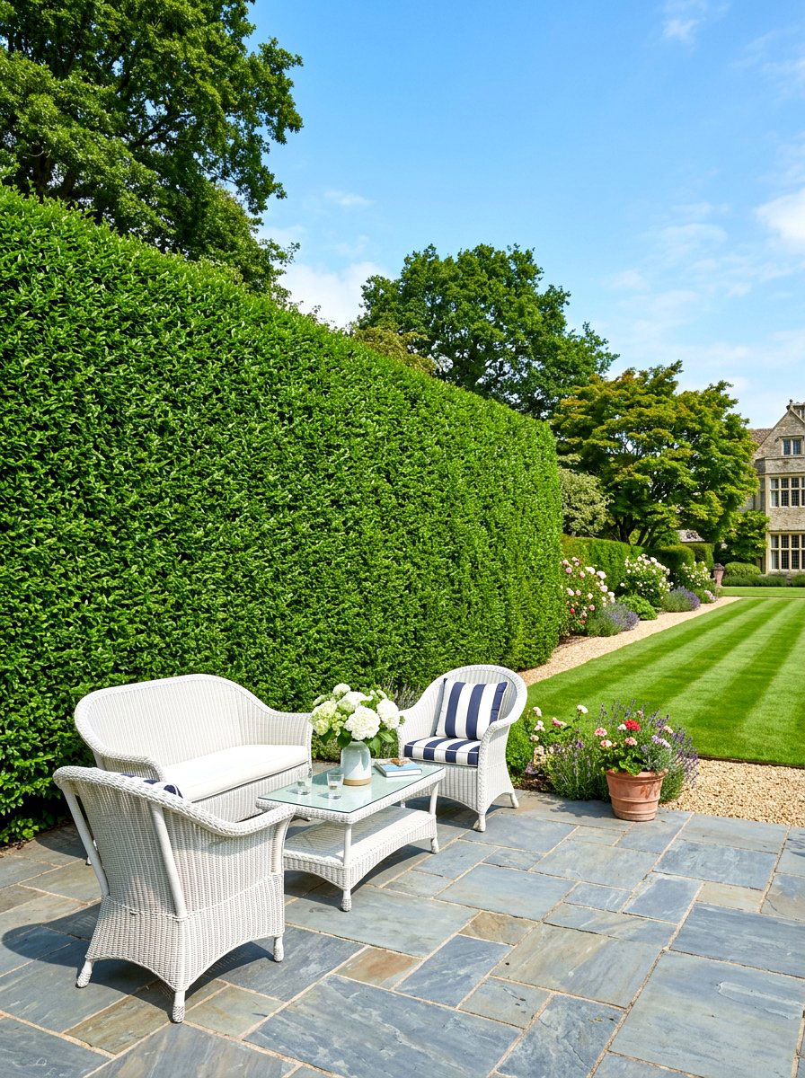 Privet Hedge Backdrop - 30 hedge wall patio ideas