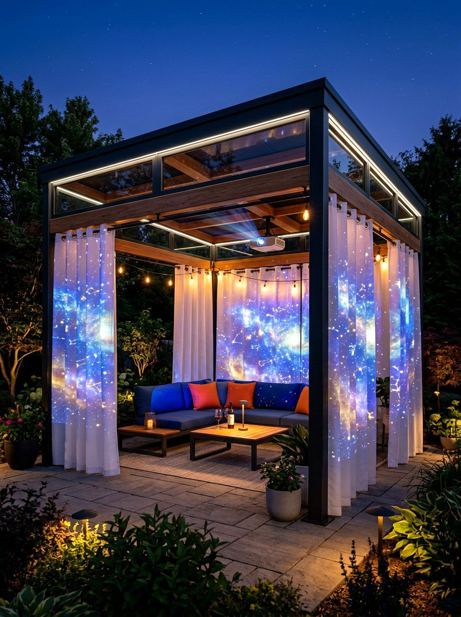 Projection Lighting On Solid Gazebo Fabric - 30 gazebo curtain lighting ideas