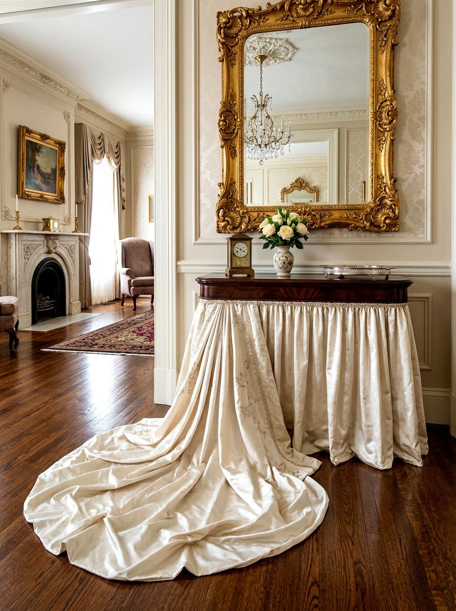 Puddled console skirt - 30 skirted console table ideas