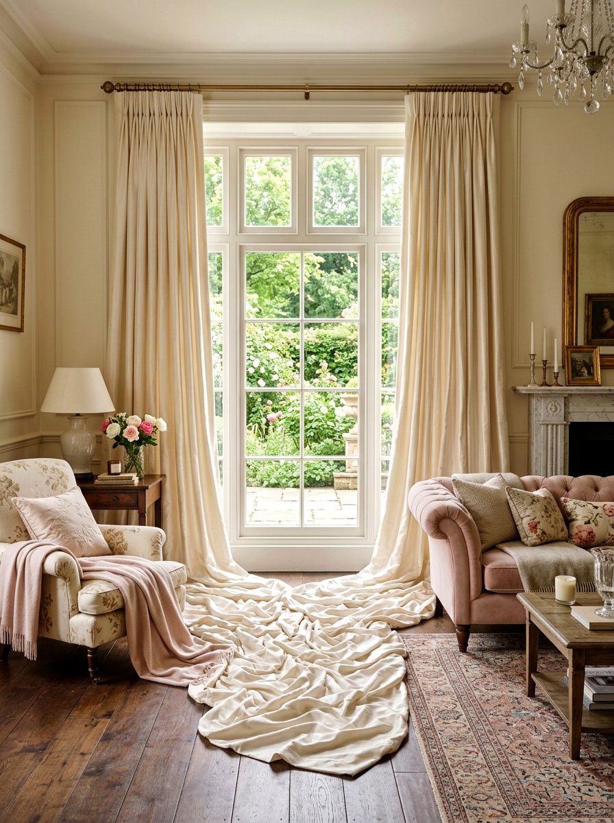 Puddling Drapery Living Room - 30 tailored drapery living room ideas