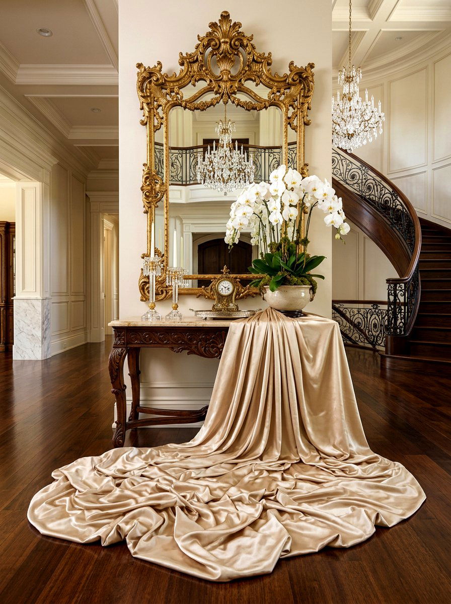 Puddling Silk Foyer Table - 30 skirted table ideas