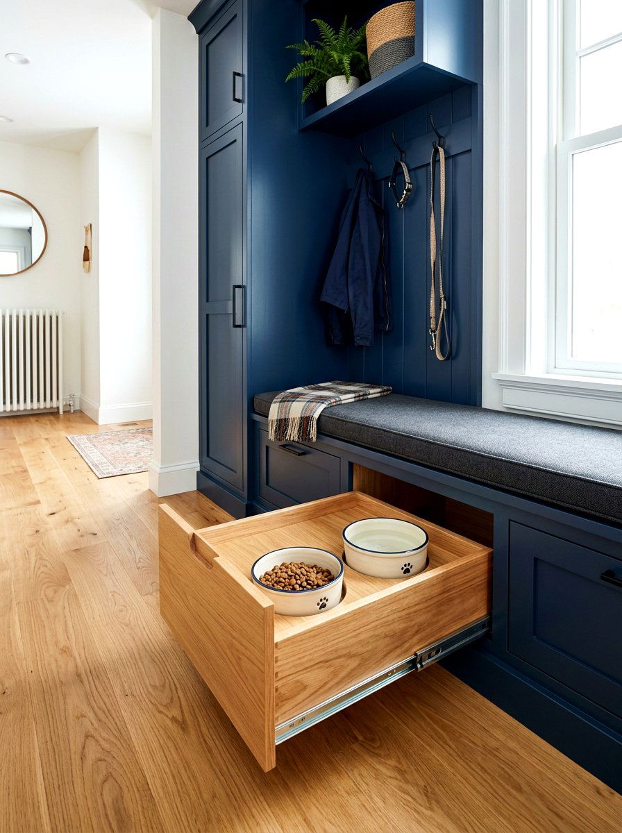 Pull Out Dog Bowl Drawer - 30 mudroom pet feeding ideas
