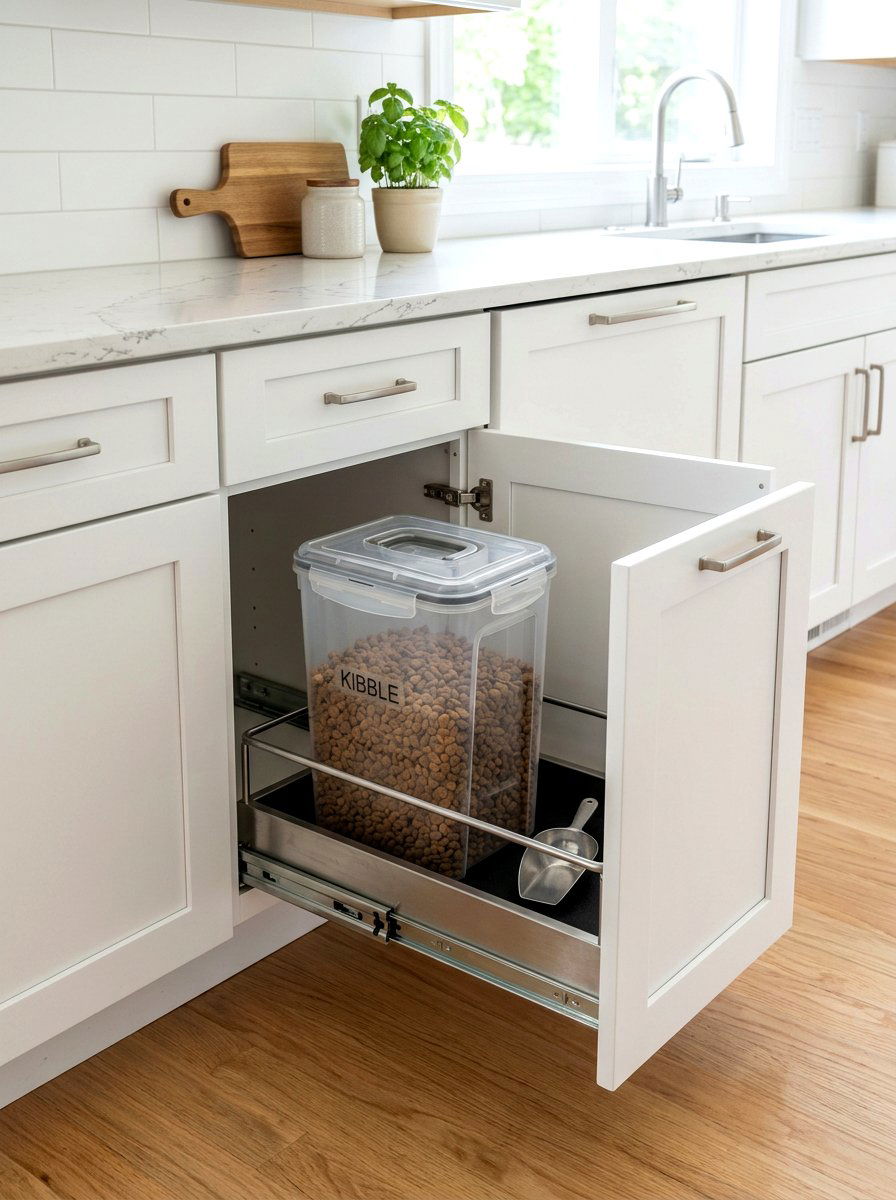 Pull Out Kibble Drawer - 30 stylish pet storage ideas