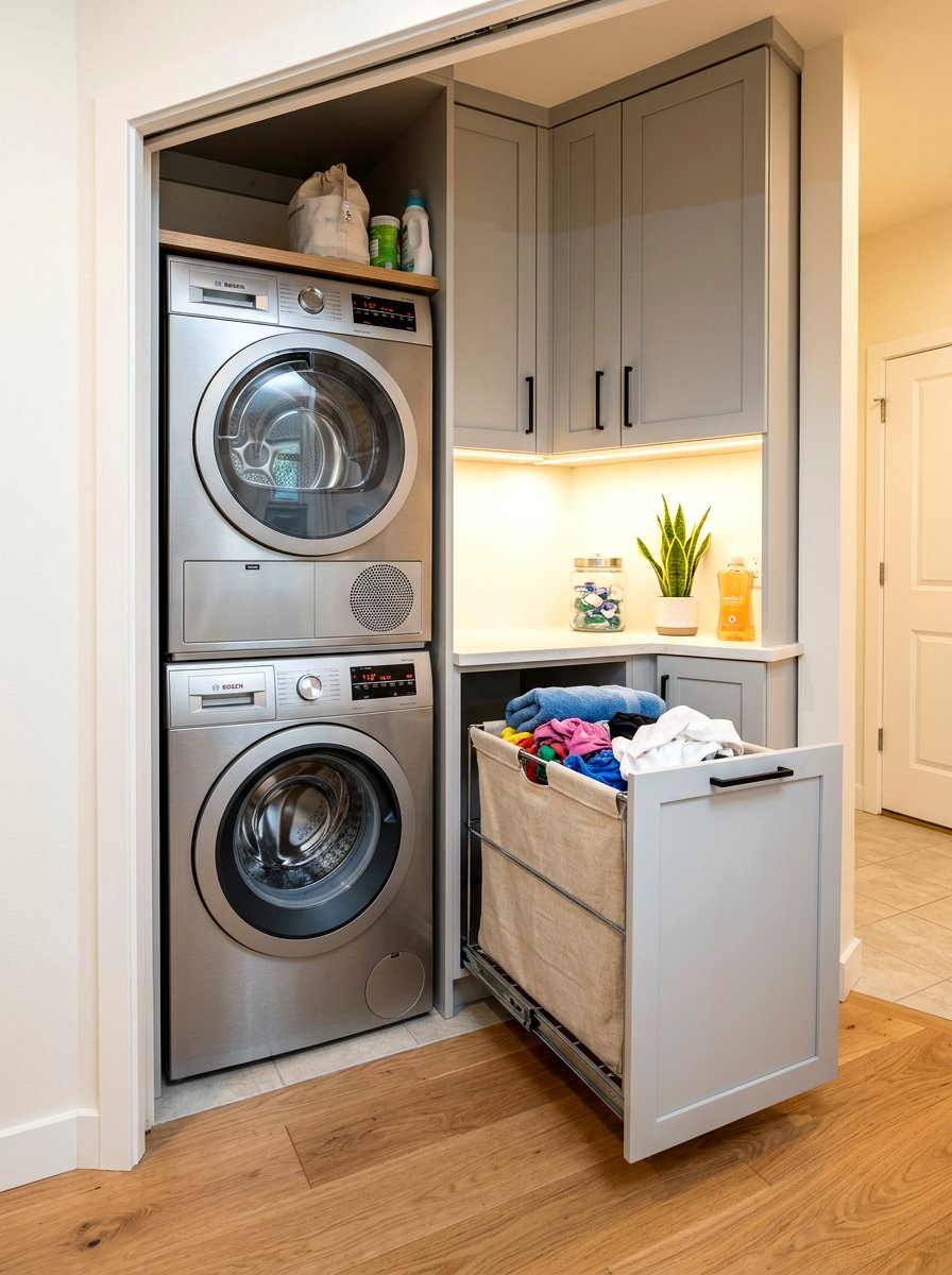 Pull Out Laundry Hamper - 30 stacked laundry closet ideas
