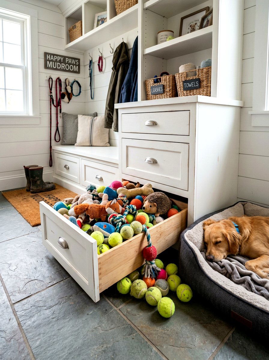 Pull Out Pet Toy Bin - 30 mudroom pet station ideas