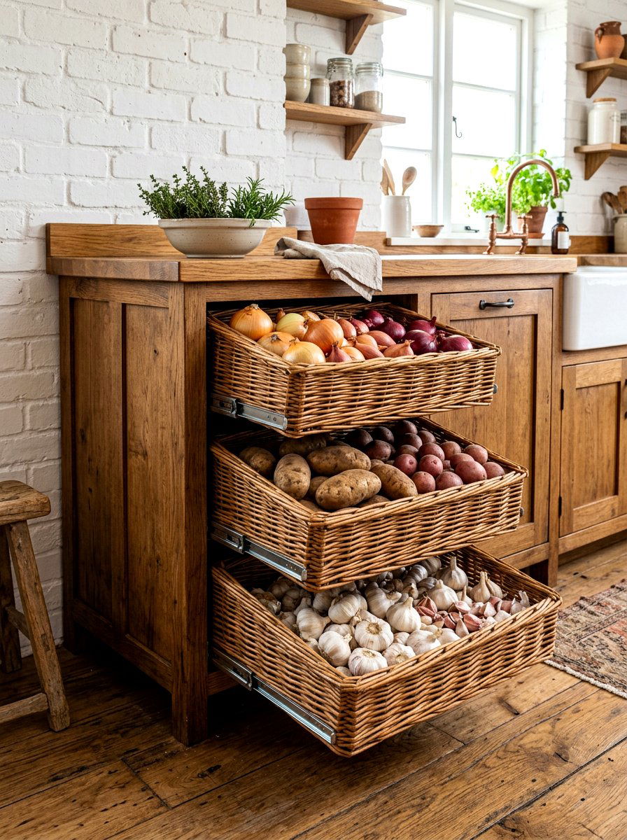 Pull Out Vegetable Baskets - 30 concealed kitchen storage ideas
